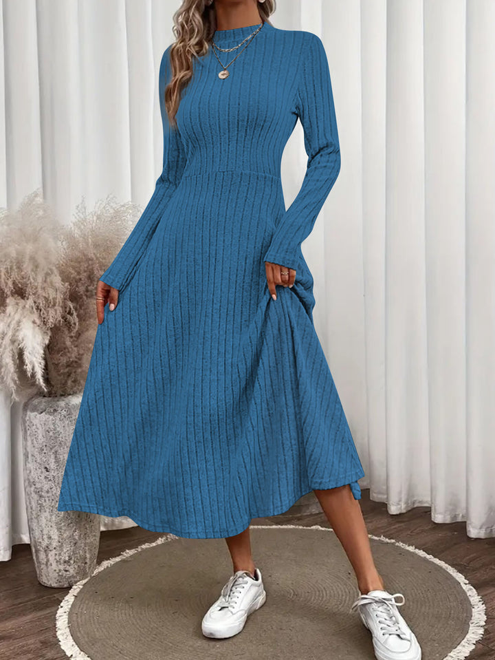 Women's Ribbed Knit Midi Dress with High Mock Neck and Tailored A-Line Shape