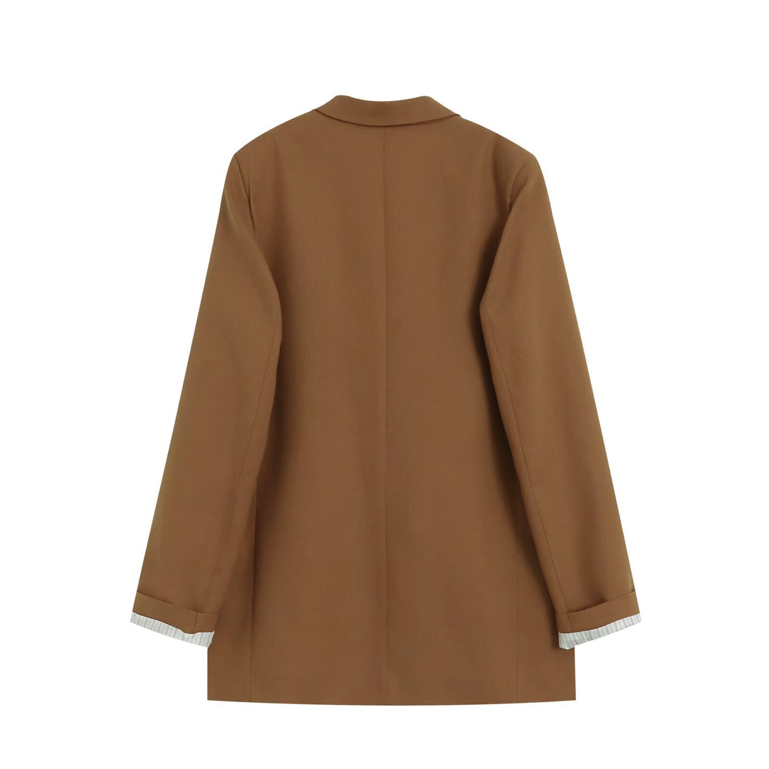 Women's Double-Breasted Long Blazer with Patch Pockets and Cuffed Sleeves Mune Fashion