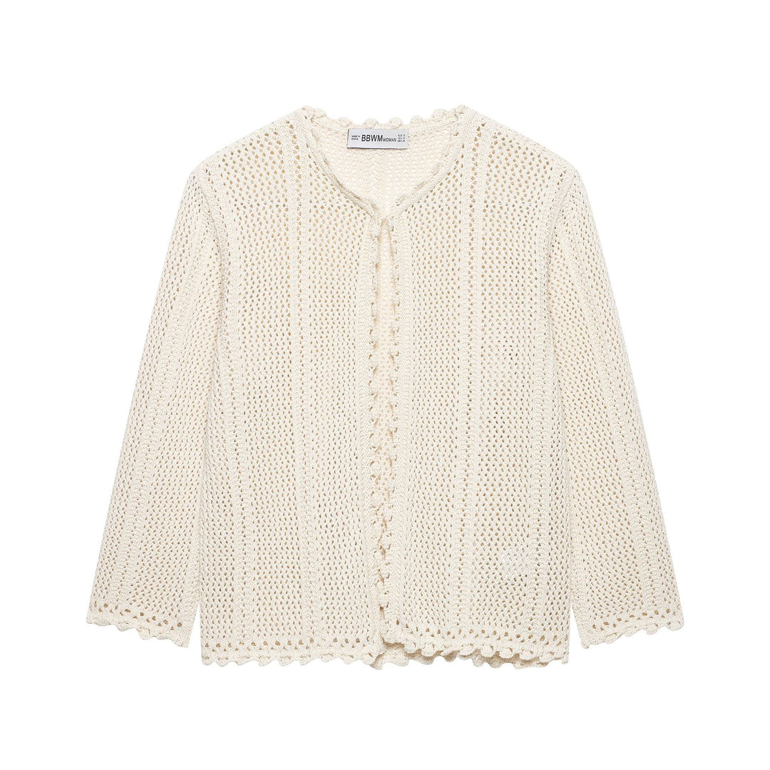 Women's Lightweight Crochet Cardigan with Lace Pattern, Scalloped Hem and Boxy Silhouette Mune Fashion