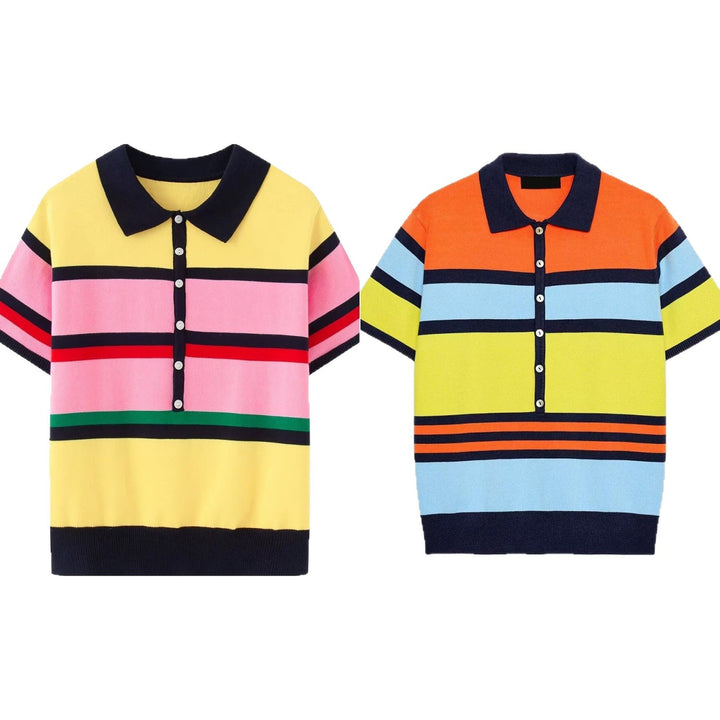 Women's Short-Sleeved Striped Fine Knit Polo Shirt with Continuous Button Placket Mune Fashion