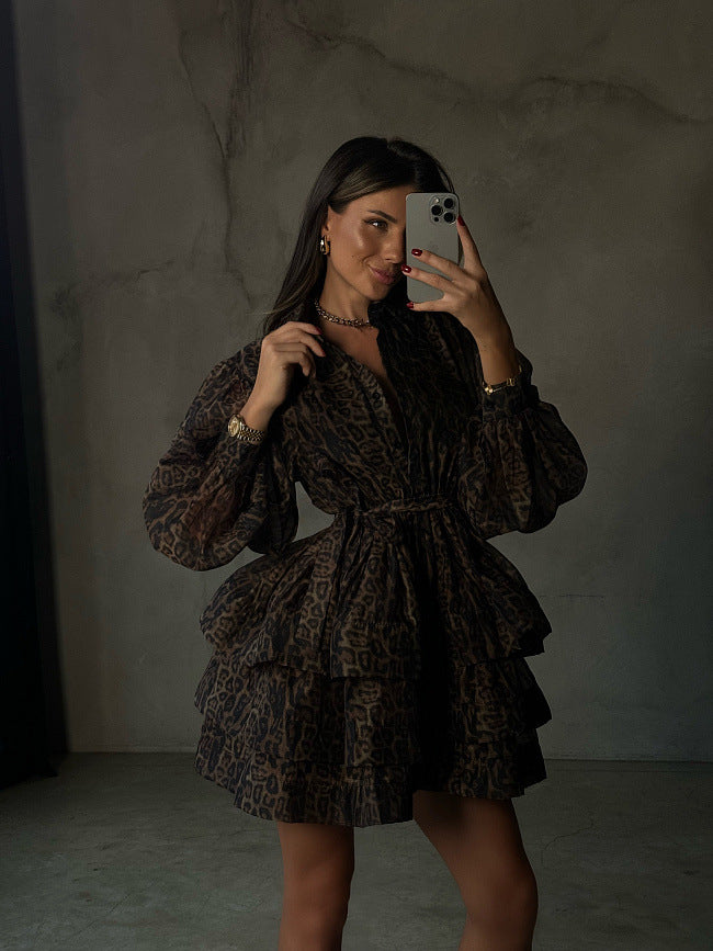 Women Transparent Ruffle Mini Dress with Shirt Collar, Balloon Sleeves and Waist Belt Mune Fashion