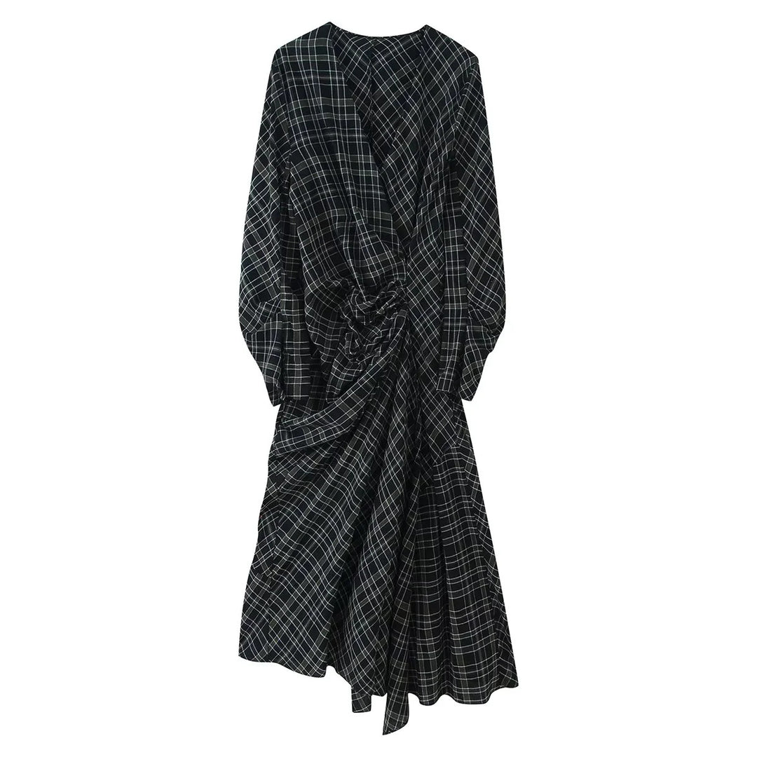Ladies' asymmetrical midi dress with knot draping and balloon sleeves Mune Fashion