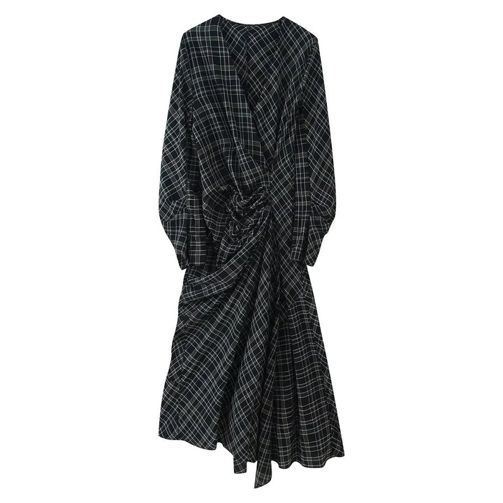 Ladies' asymmetrical midi dress with knot draping and balloon sleeves Mune Fashion