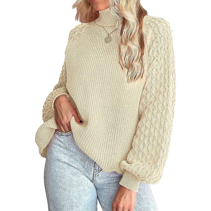 Women's fine knit sweater with turtleneck and voluminous cable pattern sleeves Mune Fashion