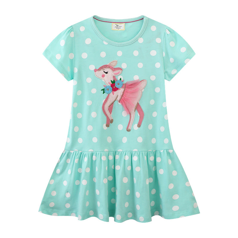 Girl Polka Dots Dress with Sweet Fawn Design Mune Fashion