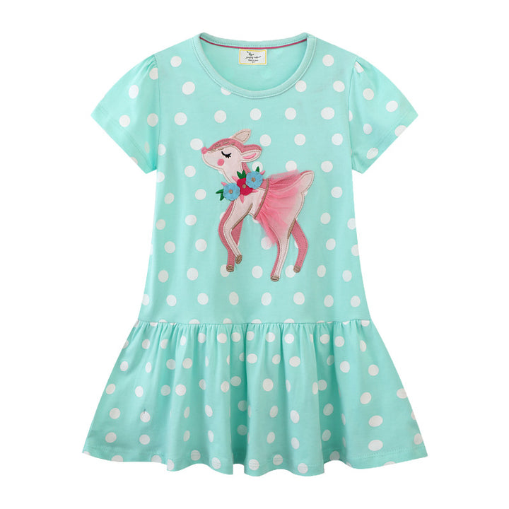 Girl Polka Dots Dress with Sweet Fawn Design Mune Fashion