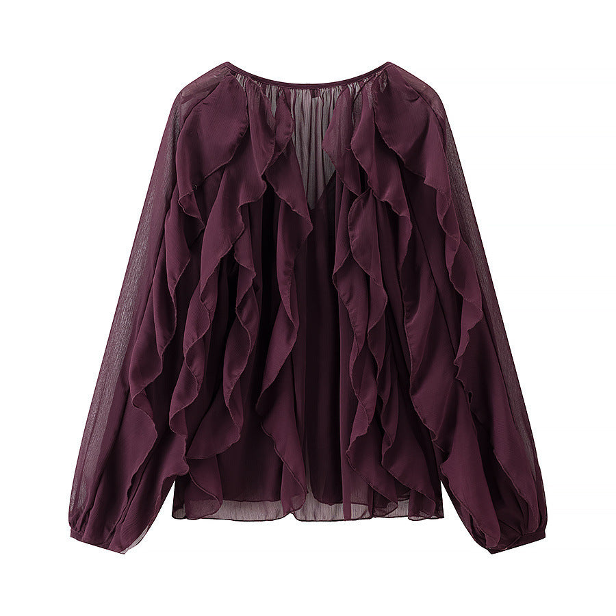 Ladies Voluminous Chiffon Blouse with Layered Ruffles and Button Closure Mune Fashion