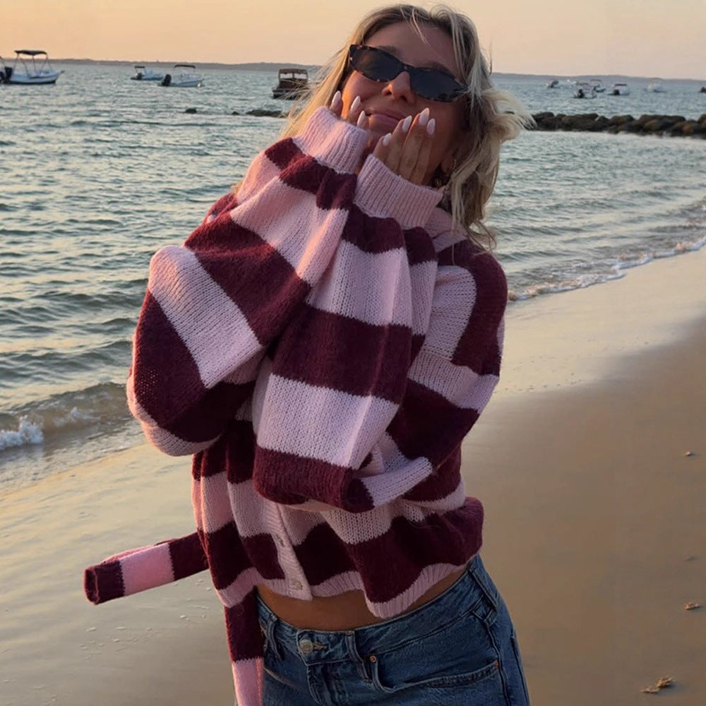 Women's Oversized Knit Cardigan Set with Block Stripes, Button Placket and Matching Scarf Mune Fashion