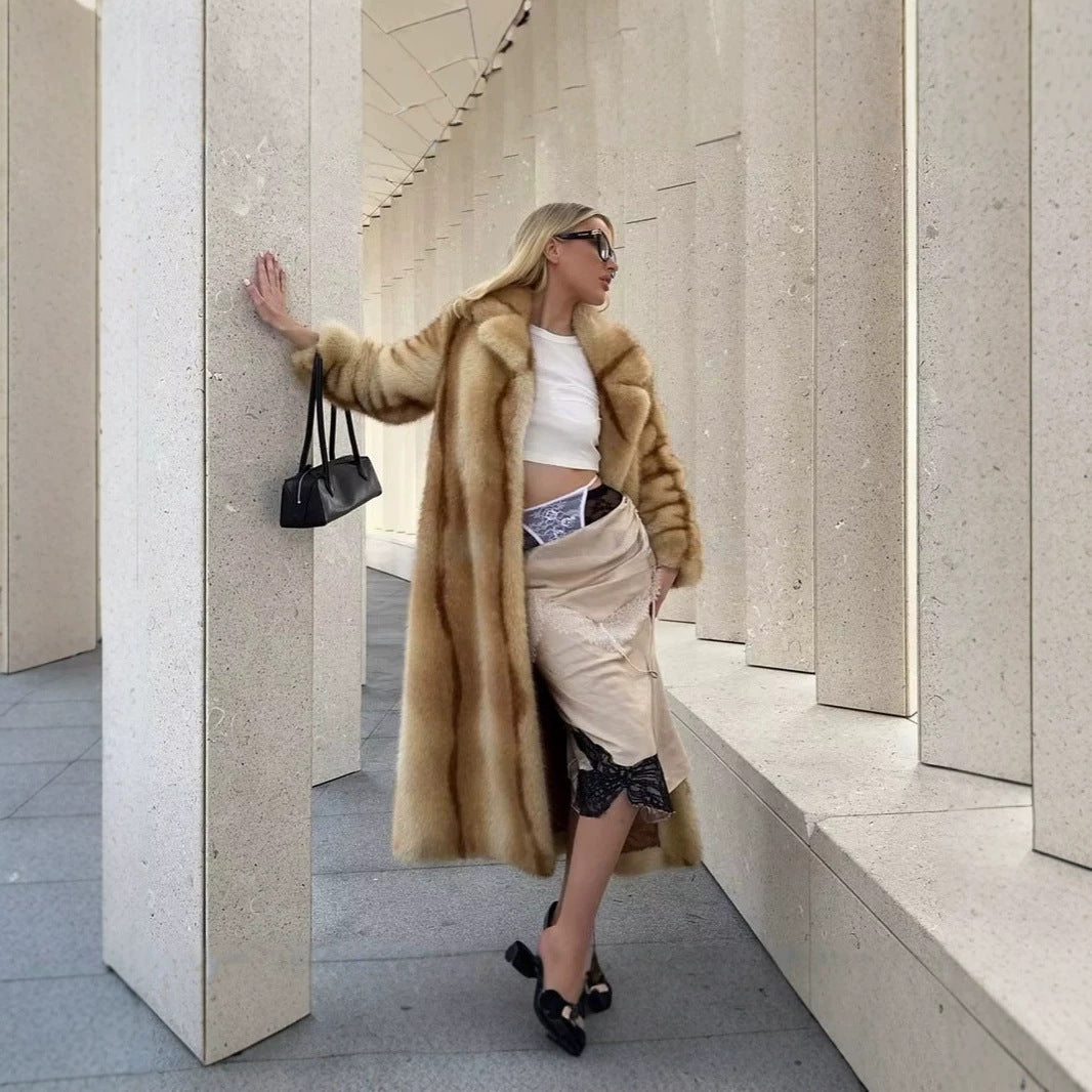Ladies Long High-Pile Faux Fur Coat with Lapel Collar Mune Fashion