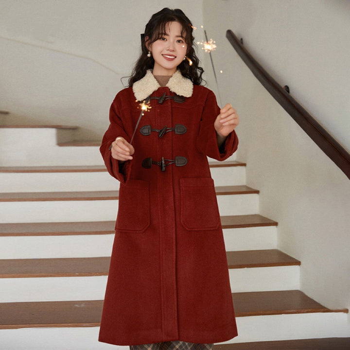 Women’s Long Duffle Coat with Teddy Collar, Toggle Fastenings and Patch Pockets Mune Fashion