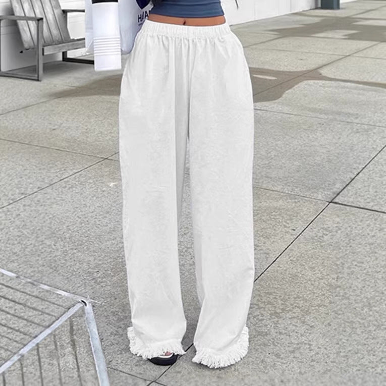 Women Wide Straight-Leg Pants with Elastic Waistband and Fringe Hem Mune Fashion