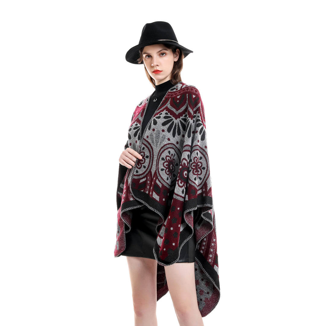 Women's wool blend cape poncho with ornamental jacquard structure and open fall Mune Fashion