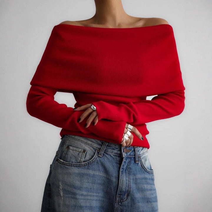 Women's off-the-shoulder fine knit sweater with foldable Carmen collar Mune Fashion
