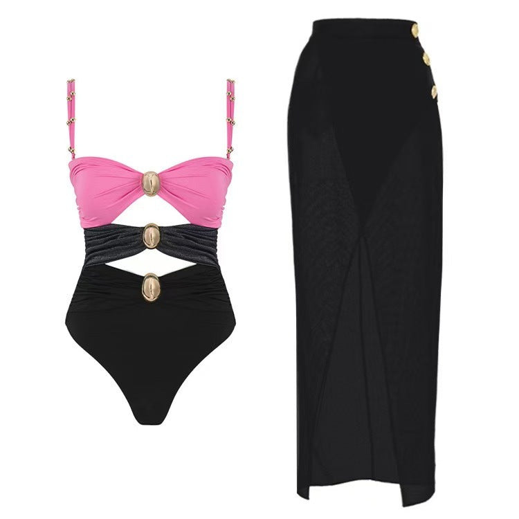 Ladies' one-piece swimsuit with fashionable lacing details and chic beach maxi skirts Mune Fashion