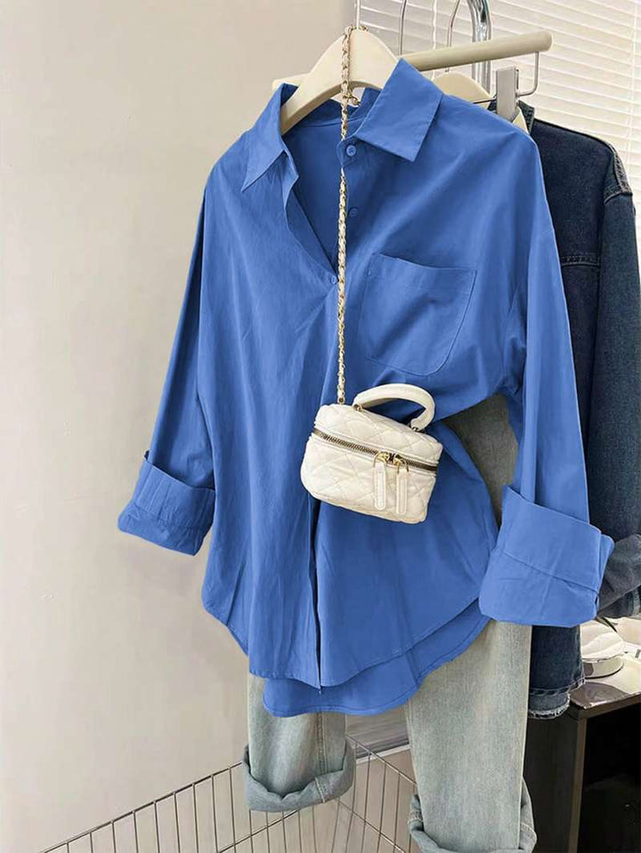 Women's oversized shirt blouse with chest pocket, turned-up sleeves and relaxed fit Mune Fashion