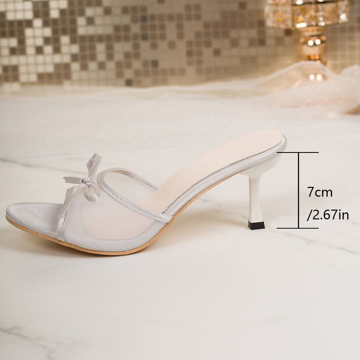 Women Transparent Mesh Mules with Bow Strap and Slim Stiletto Heel Mune Fashion