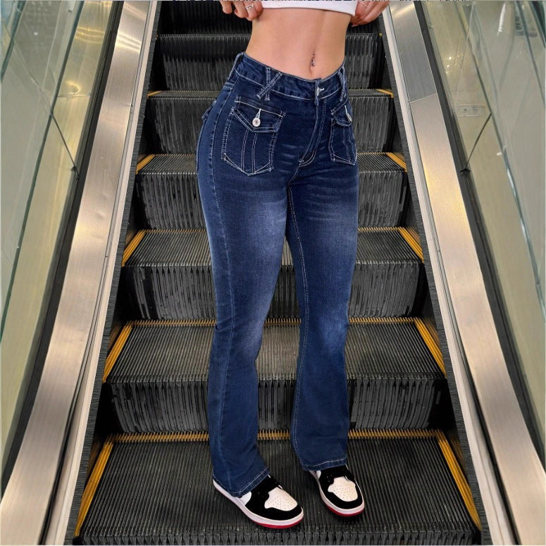 Women's High-Waisted Stretch Jeans with Light Flare and Decorative Pockets Mune Fashion