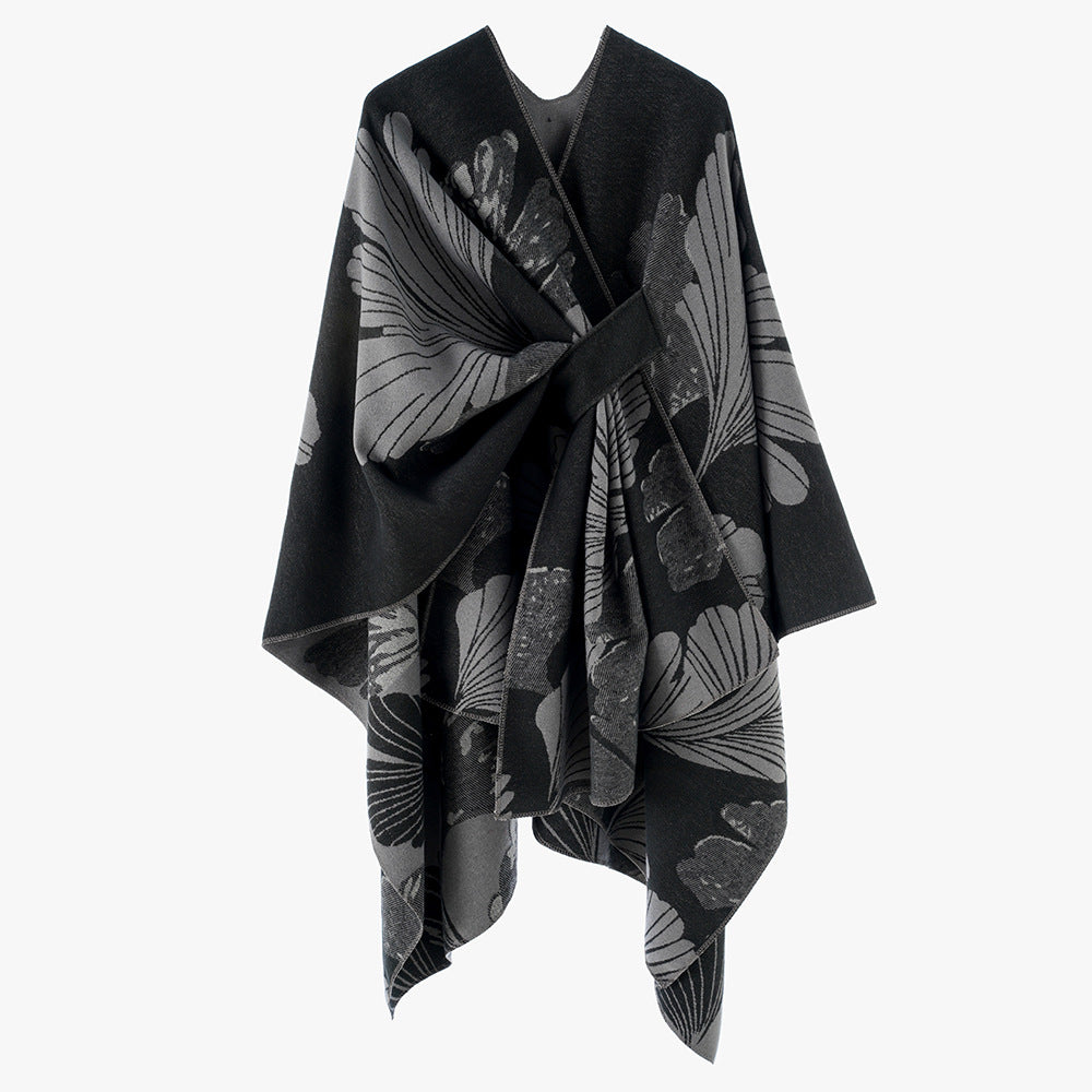 Women’s Jacquard Wrap Poncho with Floral Pattern and Waist Belt Mune Fashion