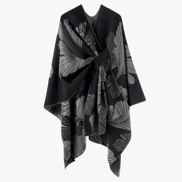 Women's Oversize Jacquard Cape made of wool blend with floral jacquard and front loop Mune Fashion