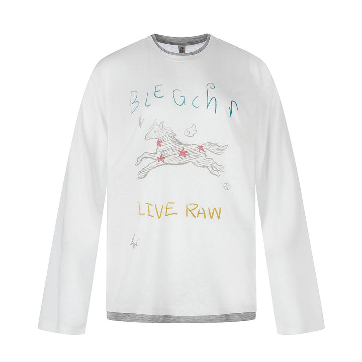 Ladies long-sleeve shirt with illustrative horse print and layer look Mune Fashion