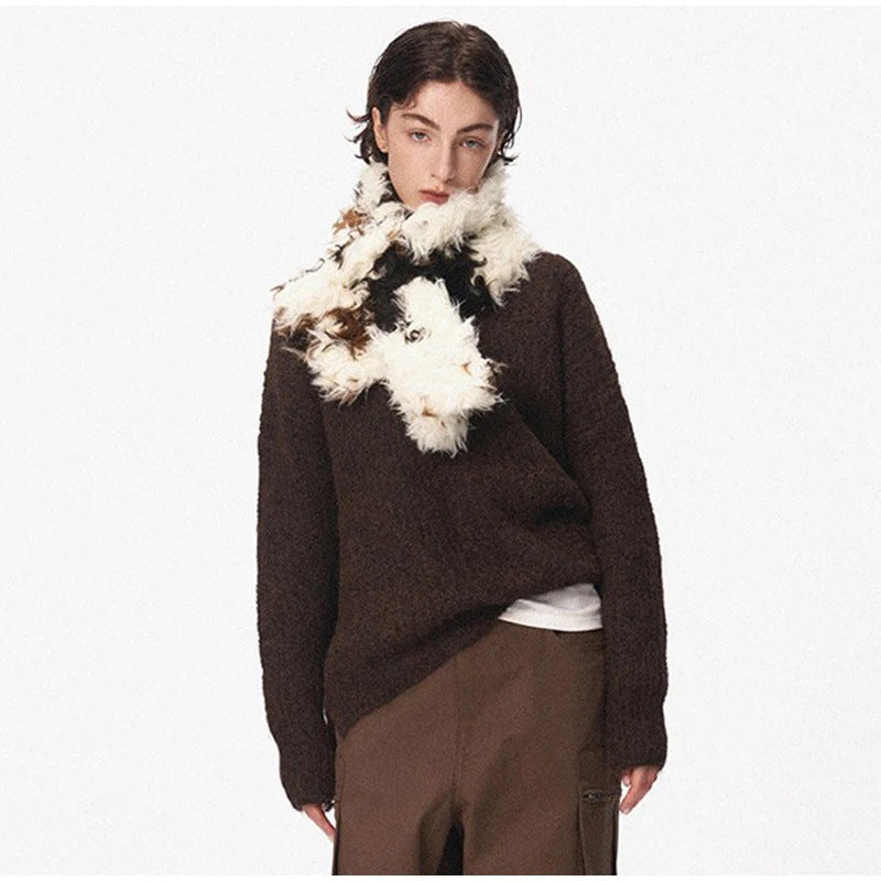 Women's faux fur shawl stole with curly shaggy texture and loop closure Mune Fashion
