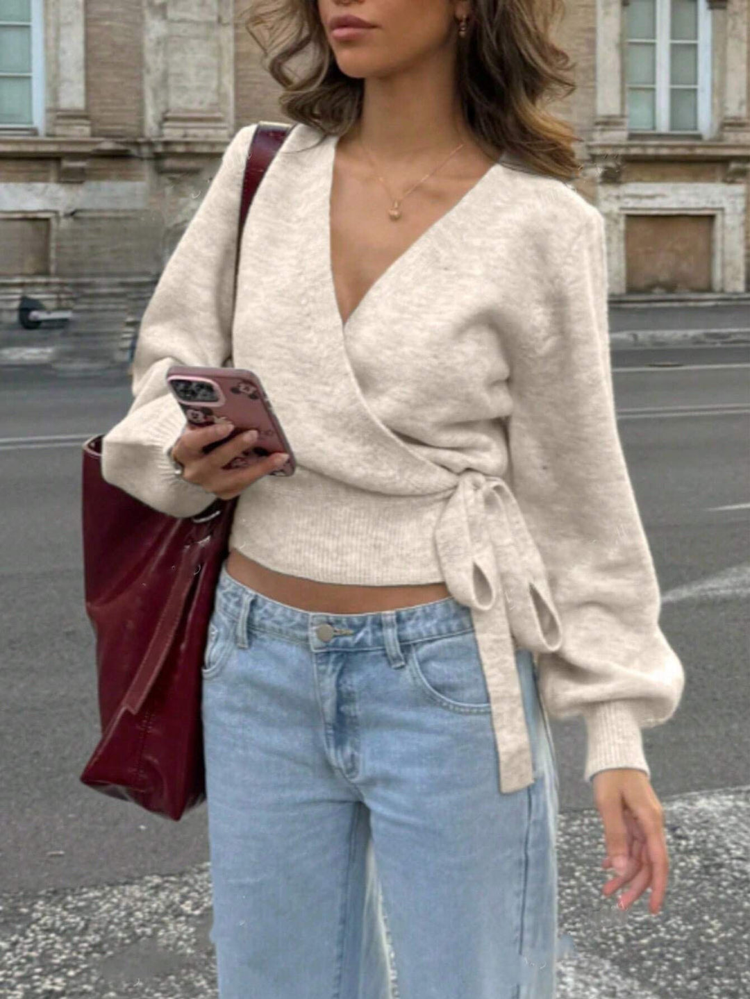 Women's Wrap Knit Sweater with V-Neck, Ties and Balloon Sleeves Mune Fashion