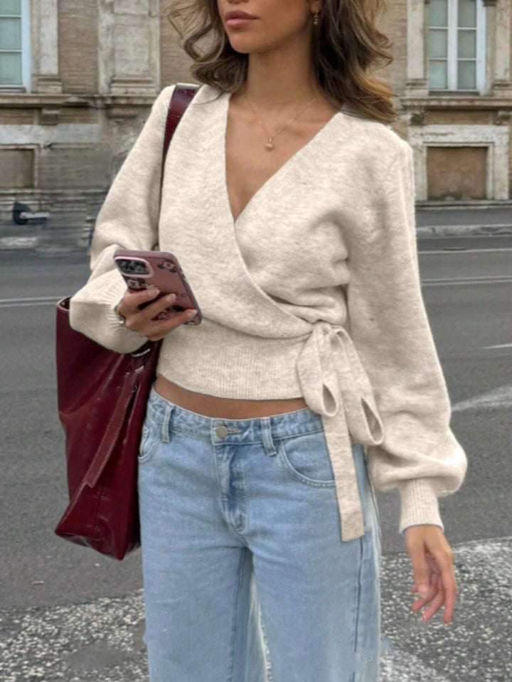 Women's Wrap Knit Sweater with V-Neck, Ties and Balloon Sleeves Mune Fashion