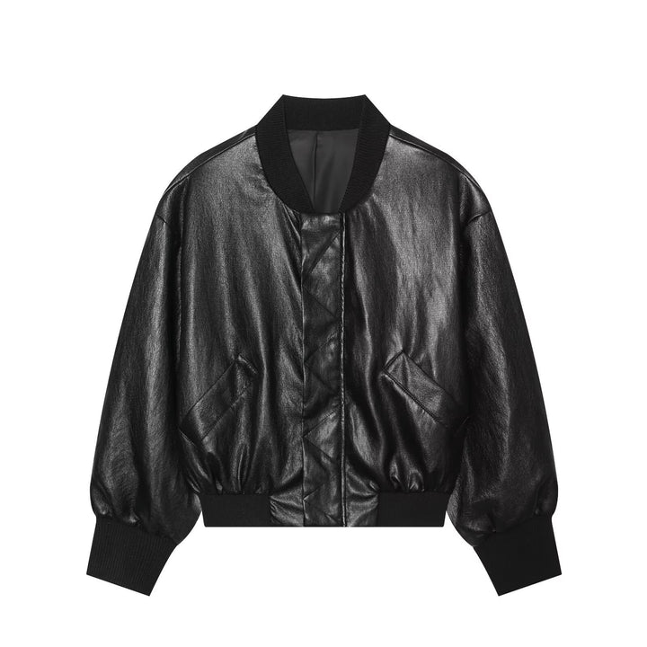 Women's Oversized Faux Leather Bomber Jacket with Ribbed Cuffs and Patch Pockets Mune Fashion