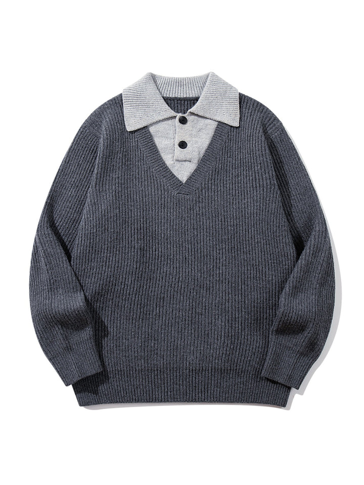 Men's Ribbed Knit Sweater with Polo Collar Insert and Deep V-Neck Mune Fashion