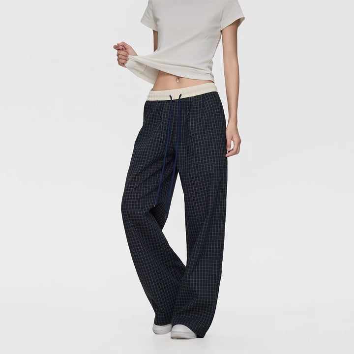 Ladies Wide Relaxed Lounge Pants with Drawstring Waist, Checkered Pattern & Pockets Mune Fashion