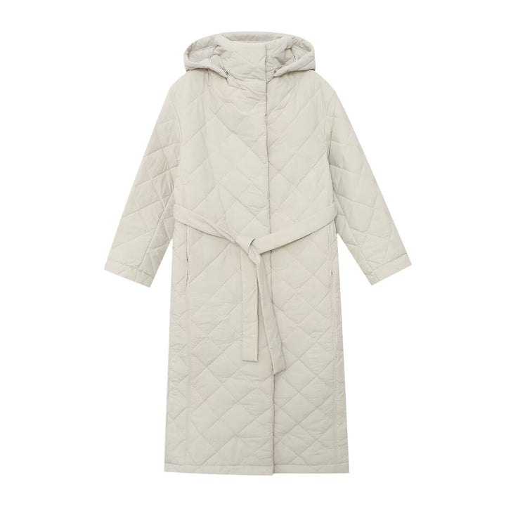 Ladies quilted coat with hood, belt and diamond quilting Mune Fashion