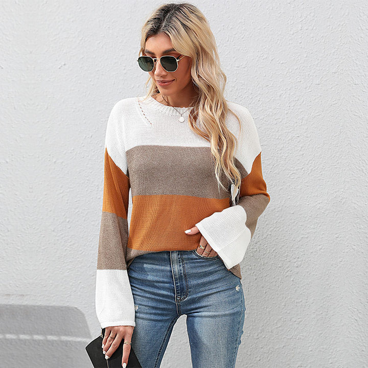Women's Oversize Color Block Knit Sweater with Round Neck and Long Sleeves Mune Fashion
