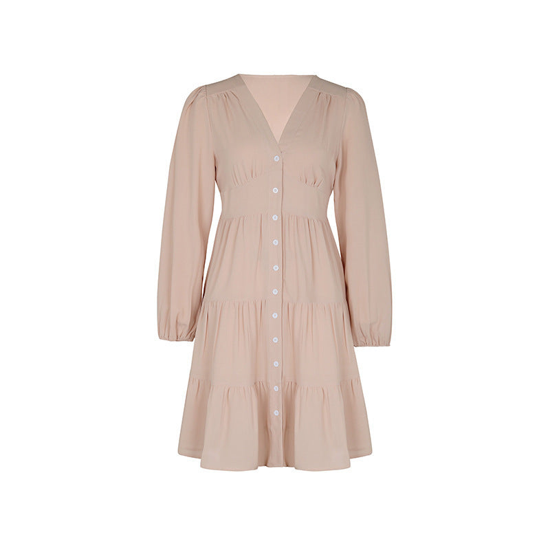 Ladies long sleeve dress with V-neck and ruffles Mune Fashion
