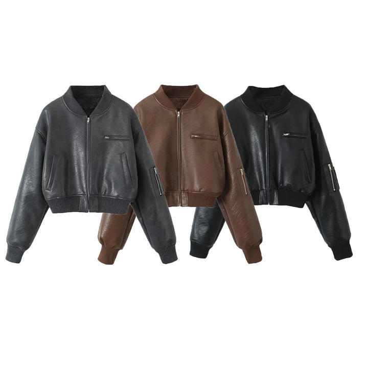 Women's Cropped Bomber Jacket in Vintage Leather Look with Arm Pocket and Wide Ribbed Cuff Mune Fashion
