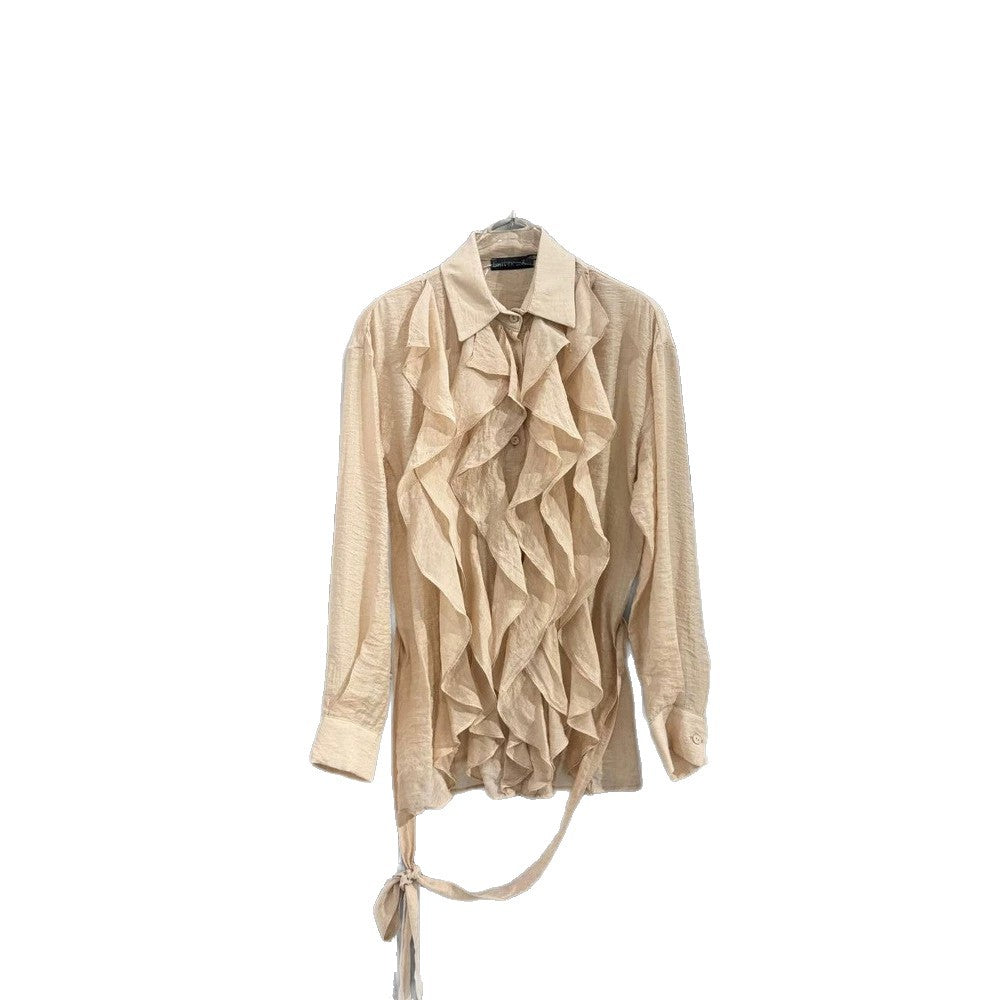 Women's Ruffled Chiffon Blouse with Ties and Ruffles Around