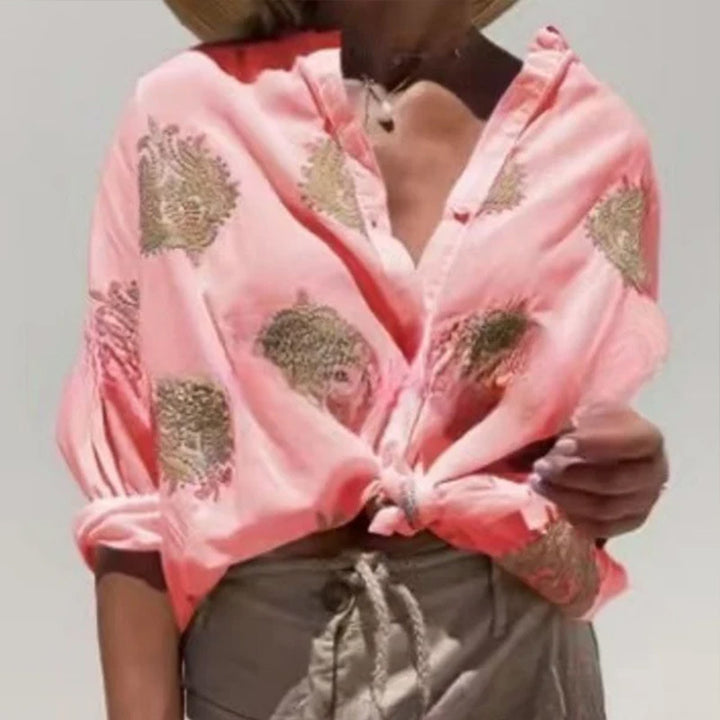 Women’s Boho Linen Blouse with Bead Embroidery and Knot Band Mune Fashion