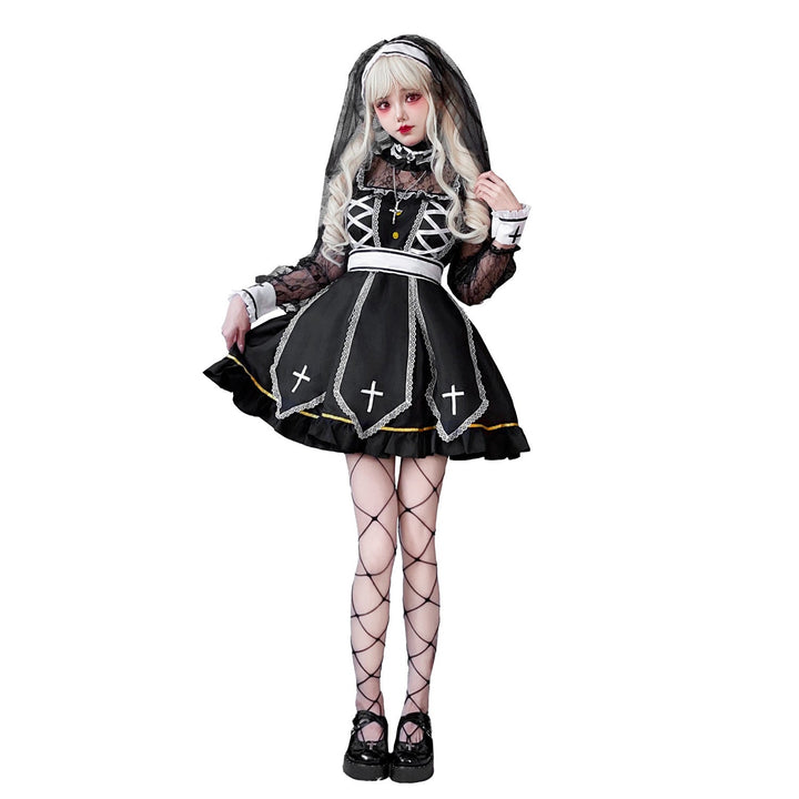 Women's Gothic Bridal Costume with Lace Sleeves and Elaborate Ruffles Mune Fashion