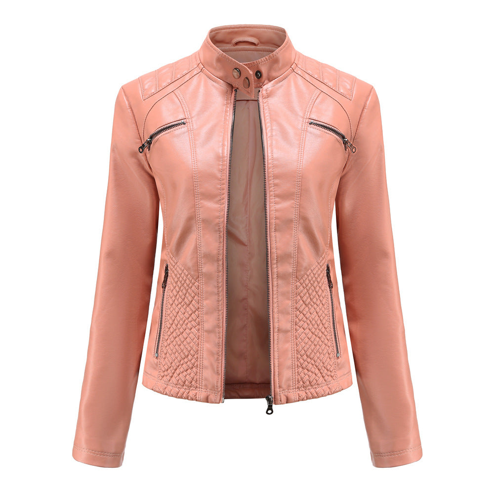 Women tailored biker jacket made of faux leather with quilted panels and stand-up collar Mune Fashion