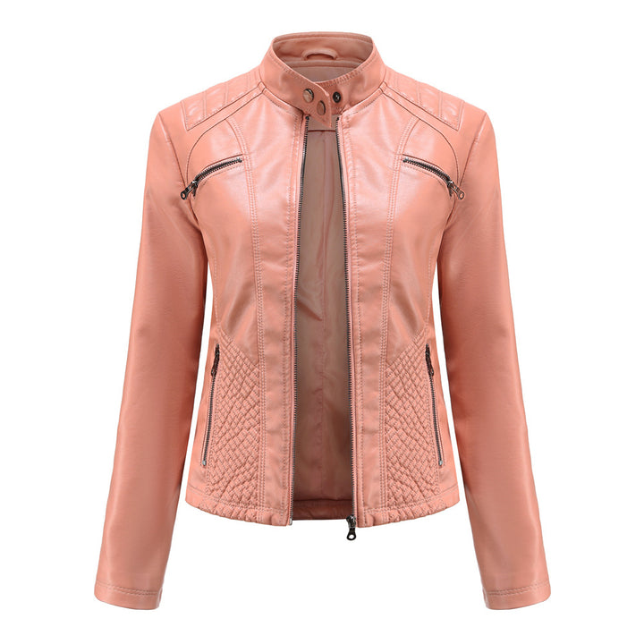 Women tailored biker jacket made of faux leather with quilted panels and stand-up collar Mune Fashion