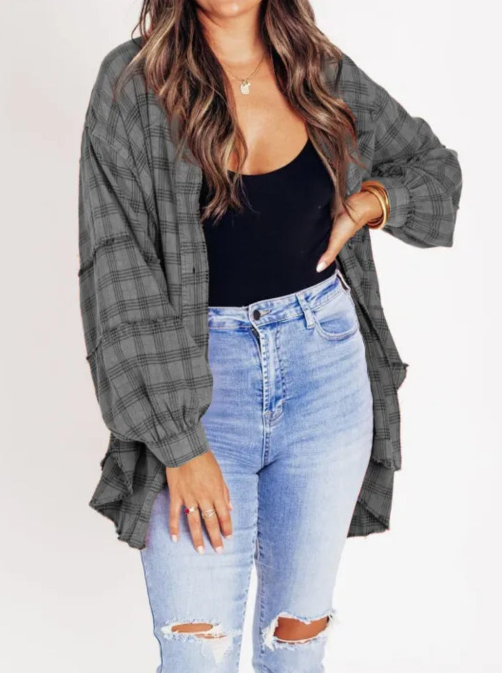 Women's oversized check shirt with fringe trim, chest pockets, and loose fit Mune Fashion