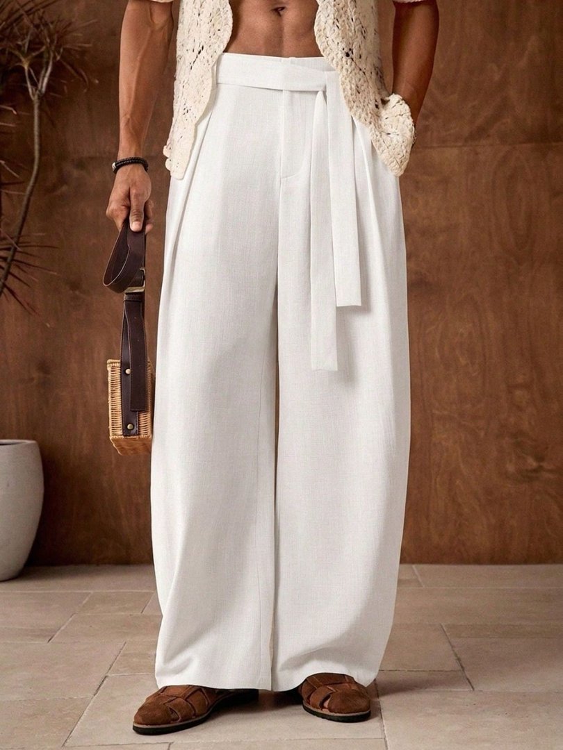 Men's loosely cut linen trousers with high waist and tie belt Mune Fashion