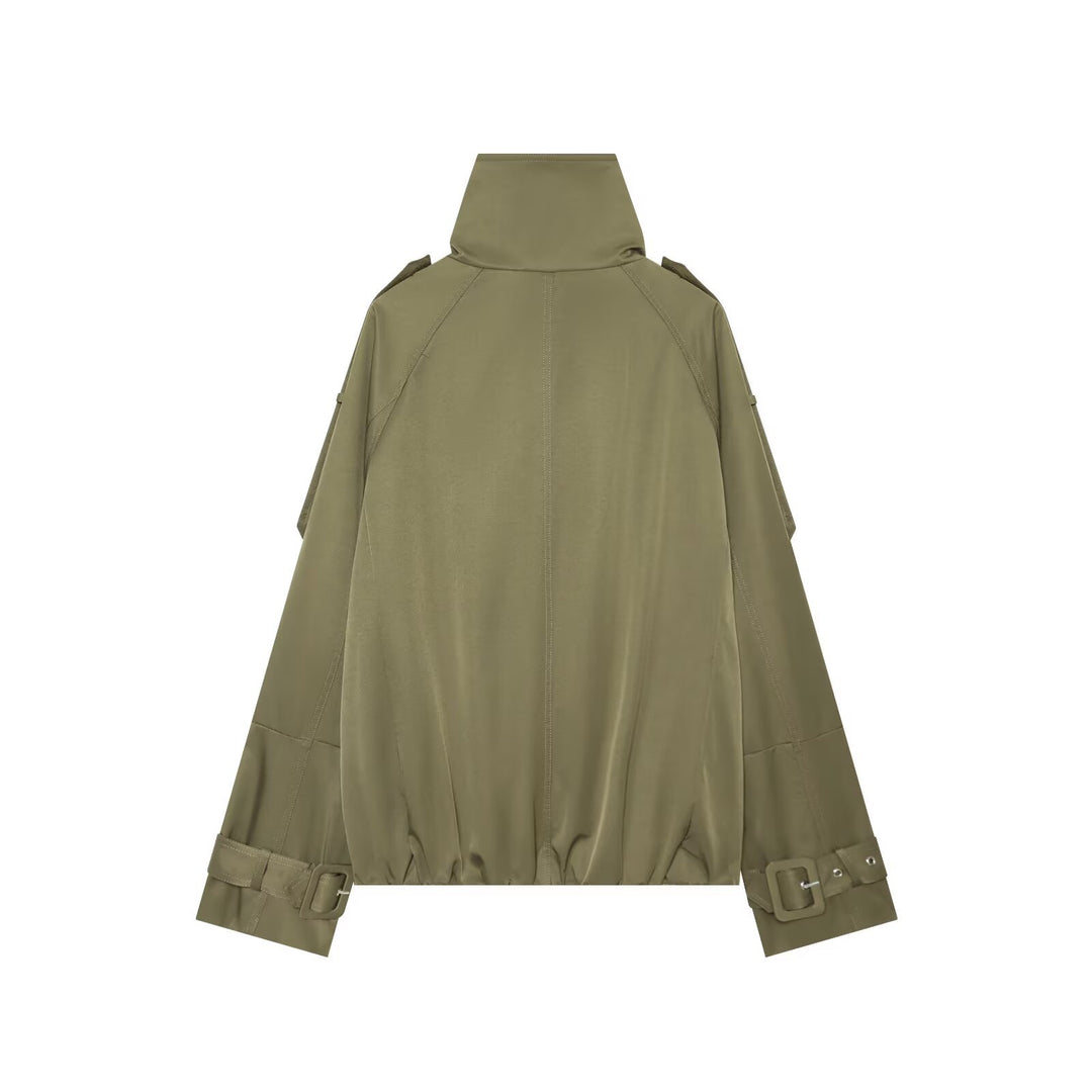 Women's Short Double-Breasted Cape Trench with High Funnel Neck and Sleeve Straps Mune Fashion