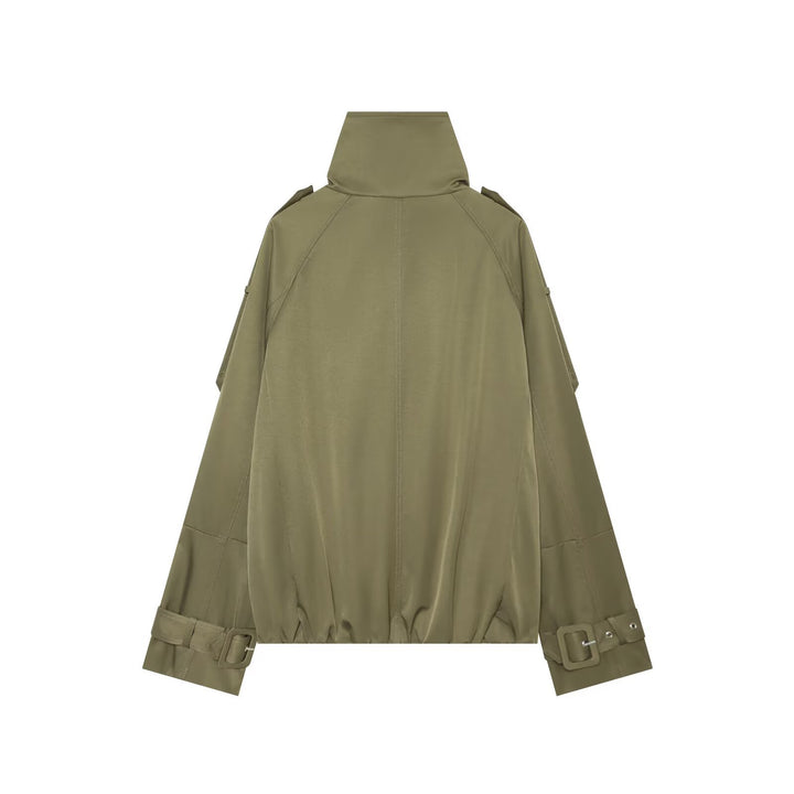 Women's Short Double-Breasted Cape Trench with High Funnel Neck and Sleeve Straps Mune Fashion