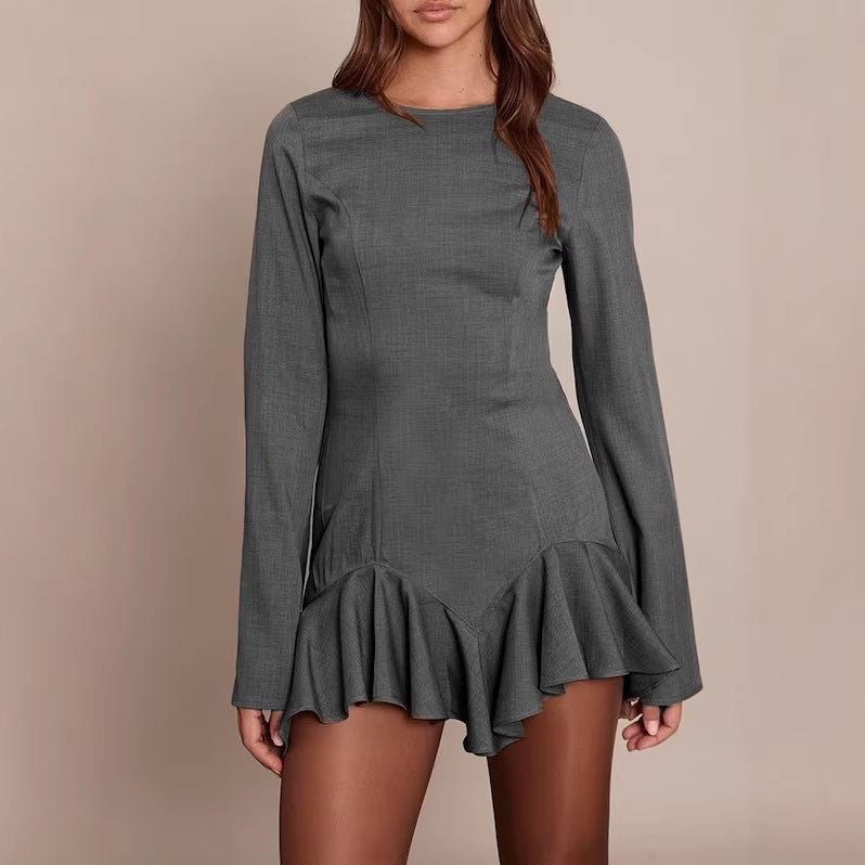 Women's Figure-Hugging Long Sleeve Mini Dress with Tailored Seams and Ruffle Hem