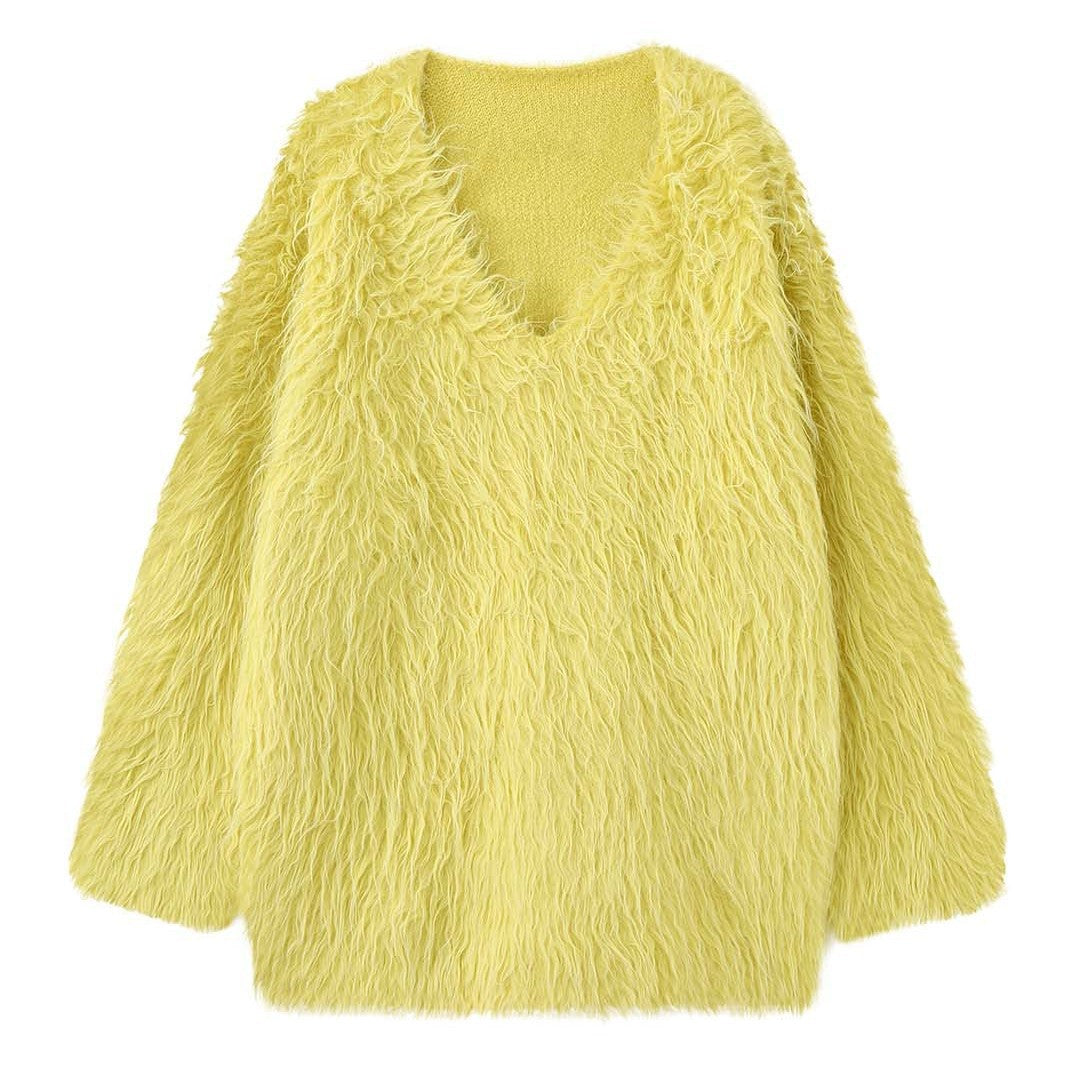 Women's Fluffy V-Neck Sweater in Shaggy Look Mune Fashion