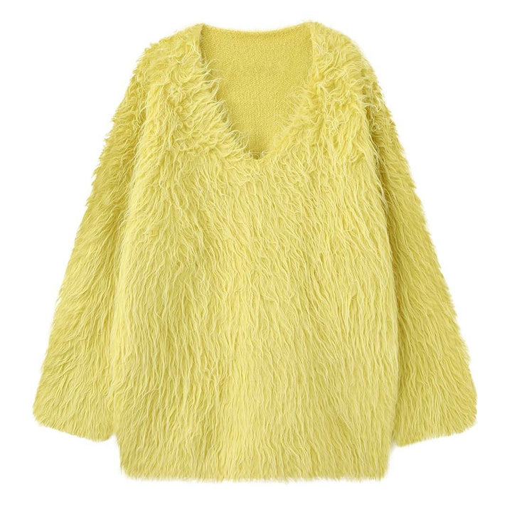 Women's Fluffy V-Neck Sweater in Shaggy Look Mune Fashion