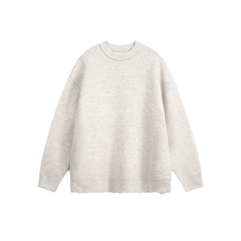 Unisex Oversized Chunky Knit Sweater with Round Neckline and Frayed Hem Mune Fashion