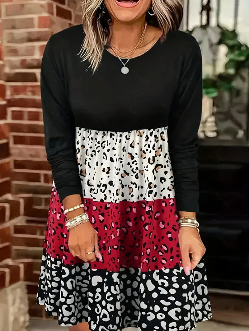 Ladies long-sleeve tiered dress with gathered empire waist and mixed animal print Mune Fashion