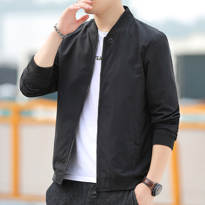 Men's Minimalist Nylon Bomber with Concealed Two-Way Zipper and Ribbed Collar Mune Fashion