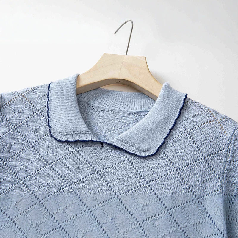 Women's short sleeve fine knit pullover with Peter Pan collar, eyelet diamond pattern and fine contrast edge Mune Fashion